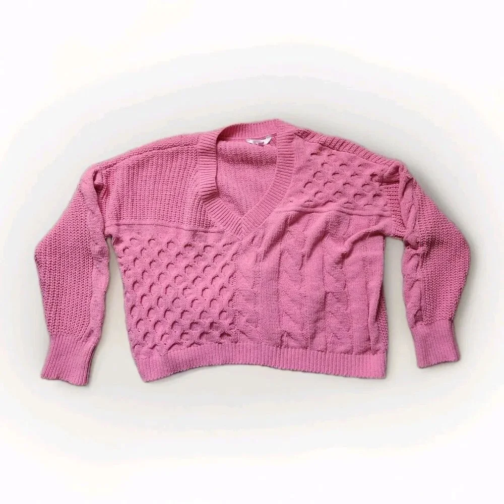 No Boundaries Patchwork Chunky Knit Sweater V Neck Pink Long Sleeve Jrs 3XL GUC - Picture 1 of 8